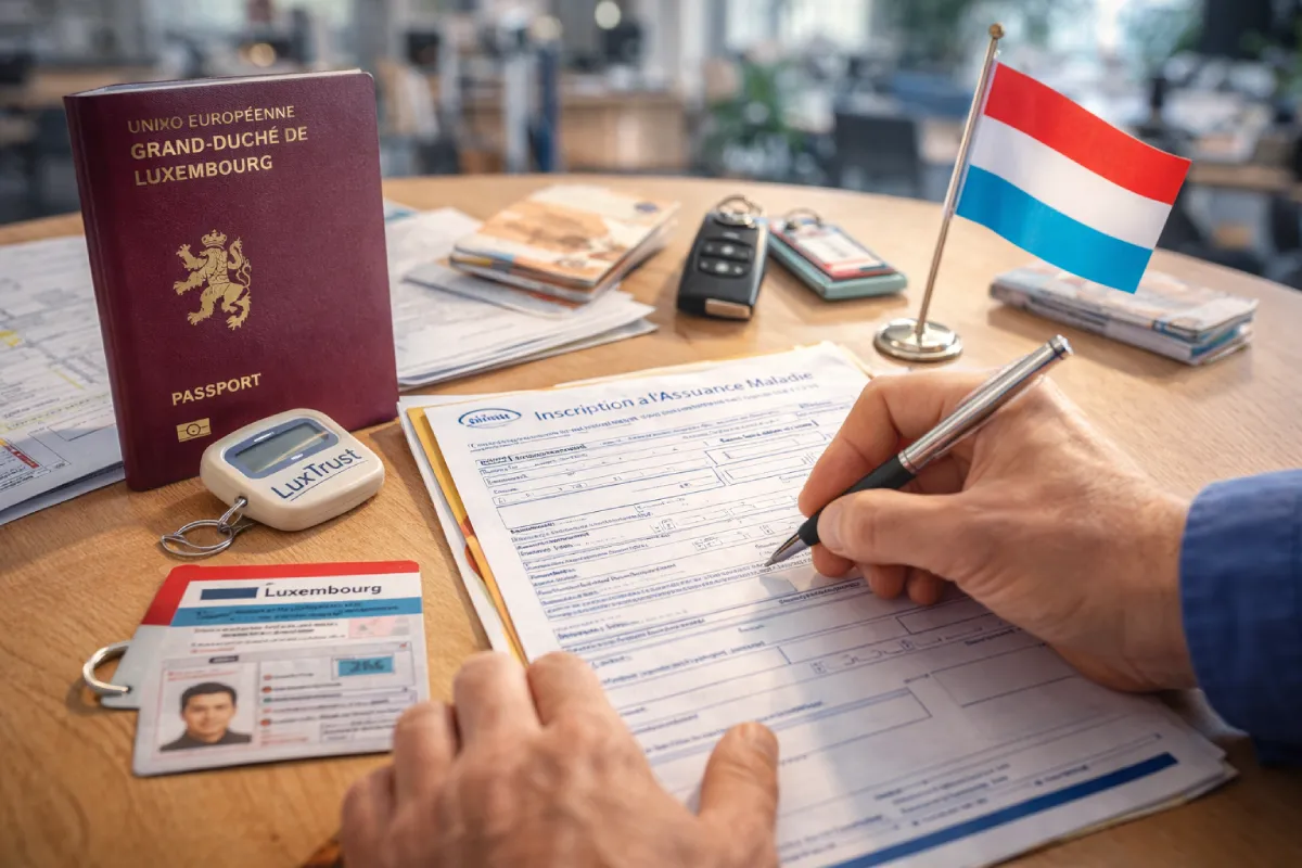 Personne remplissant des documents administratifs liés au travail au Luxembourg avec passeport, carte sociale et objets du quotidien sur un bureau.