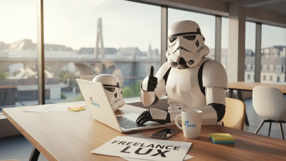 Illustration d'un Stormtrooper travaillant comme freelance dans un espace de coworking à Luxembourg avec vue sur la ville