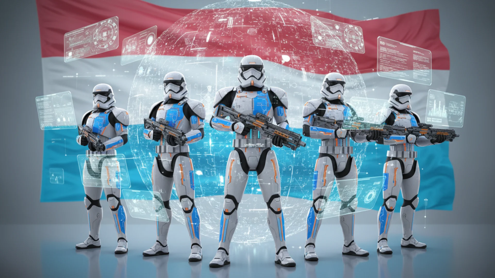 Illustration de freelances inspirés des Stormtroopers, avec technologie et drapeau luxembourgeois en arrière-plan – Blog IT Family Luxembourg