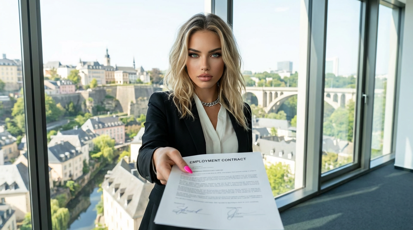 Jeune salarié signe un contrat de travail avec la ville du Luxembourg en arrière-plan