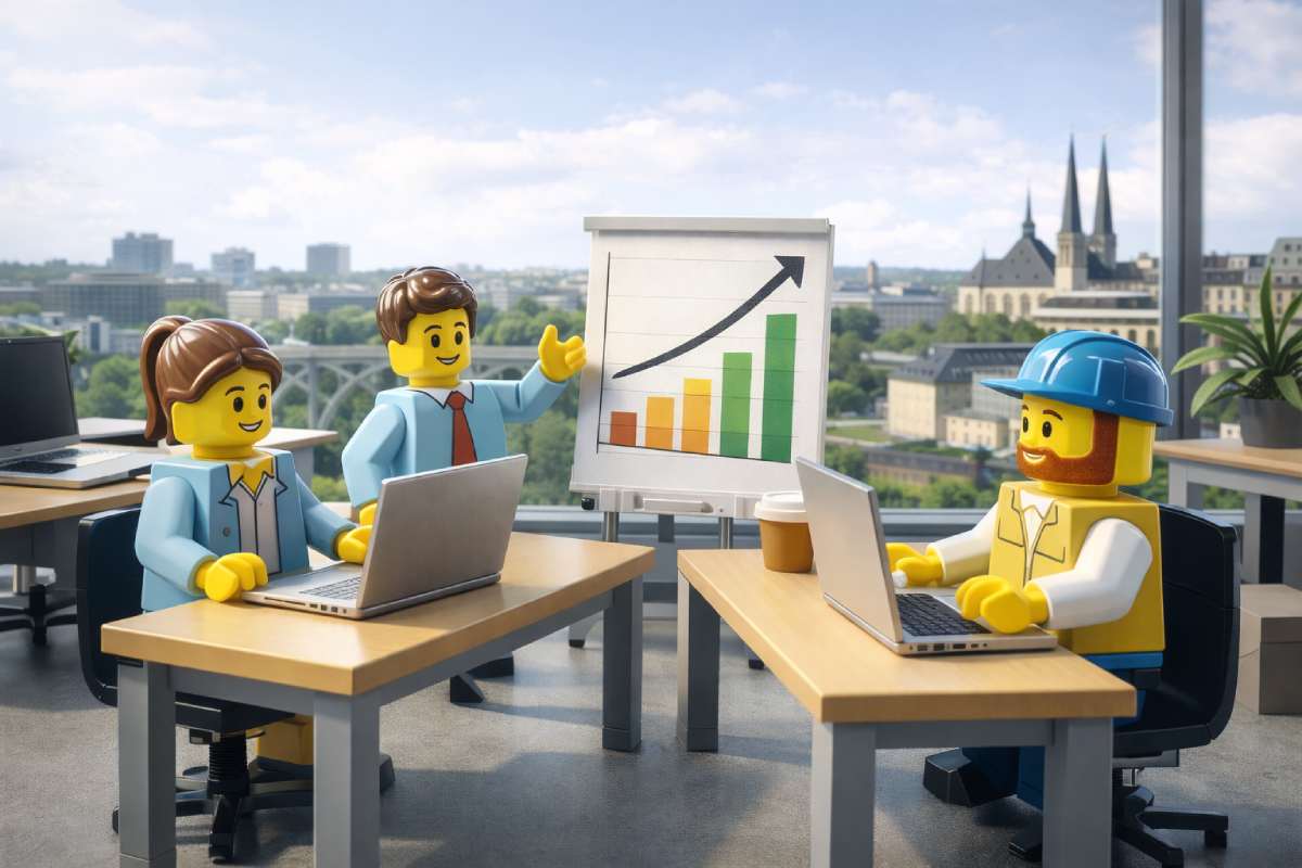 Planification de carrière au Luxembourg _ portage salarial dévoile six métiers aux TJM inédits en 2026 à saisir Figurines style jouets en briques travaillant sur ordinateurs dans un bureau moderne à Luxembourg avec graphique de carrière, illustrant la planification de carrière et les opportunités de portage salarial en 2026.
