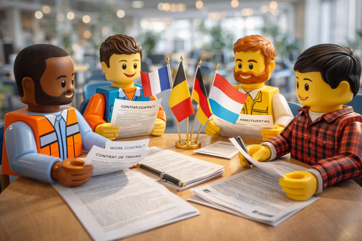 Travailler au Luxembourg en 2026 _ les compétences et soft skills qui font vraiment la différence (et ce qui a changé) Figurines style briques représentant des travailleurs frontaliers de différentes nationalités collaborant autour de contrats de travail dans un espace de coworking moderne au Luxembourg.