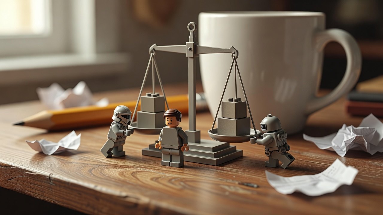 Figurine à côté d'une balance qui pèse le pour et le contre, un soldat casqué et un petit robot poussent chacun un plateau