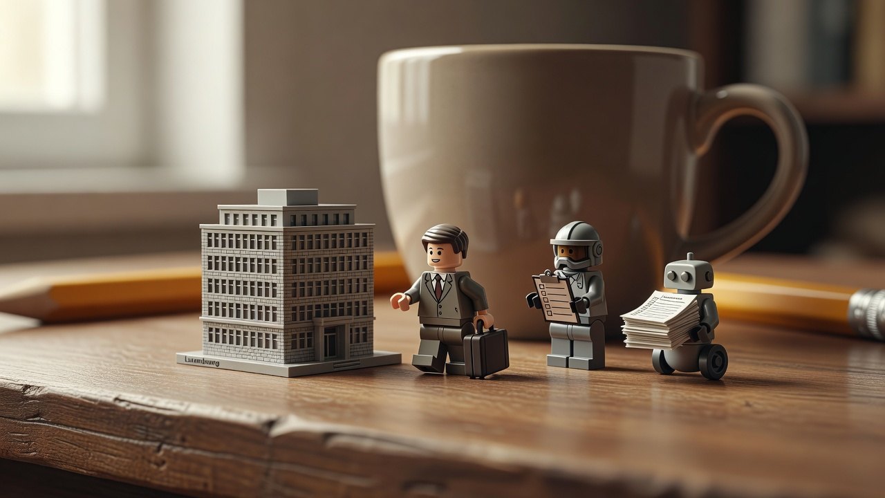 Figurine de consultant arrivant avec sa valise devant un petit immeuble de bureaux, un soldat casqué tient une liste et un petit robot porte des documents