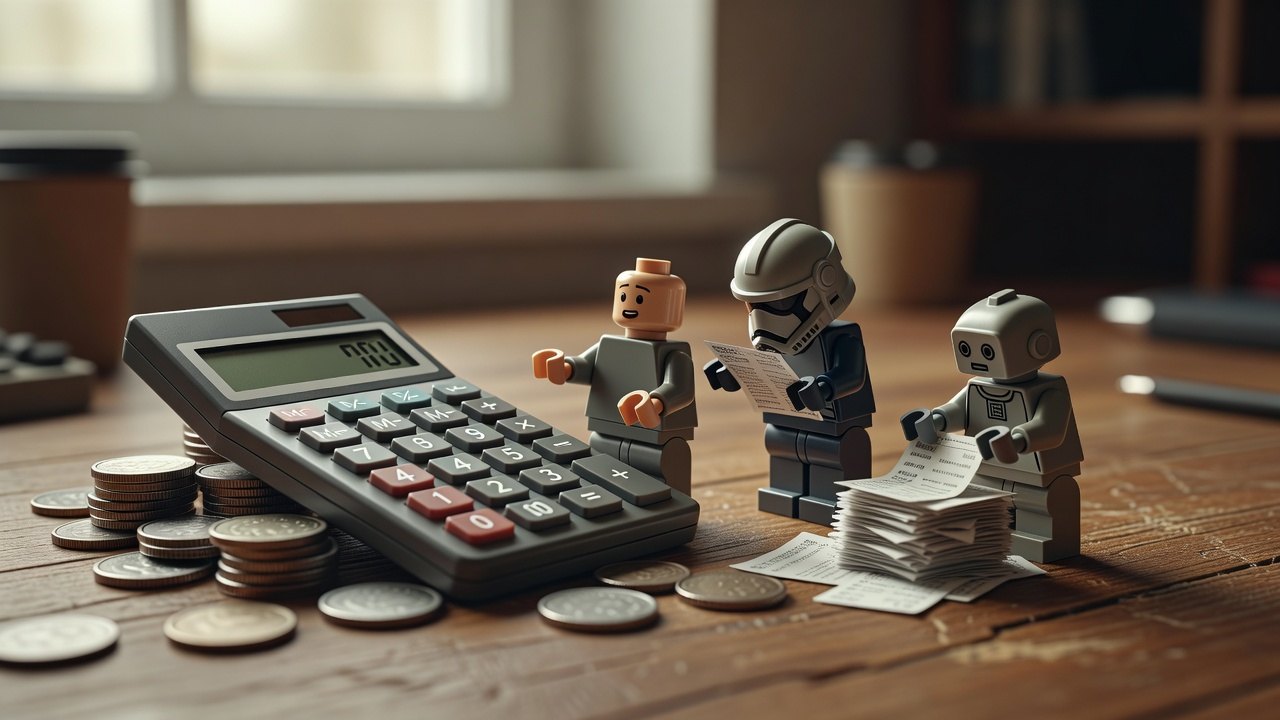 Figurine devant une calculatrice géante et des piles de pièces, un soldat casqué examine des papiers et un petit robot trie des reçus