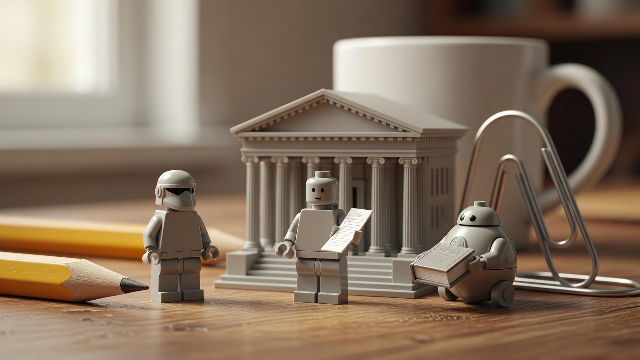 Figurine tenant un contrat devant un petit palais de justice à colonnes, gardé par un soldat casqué, un petit robot tient un code de lois